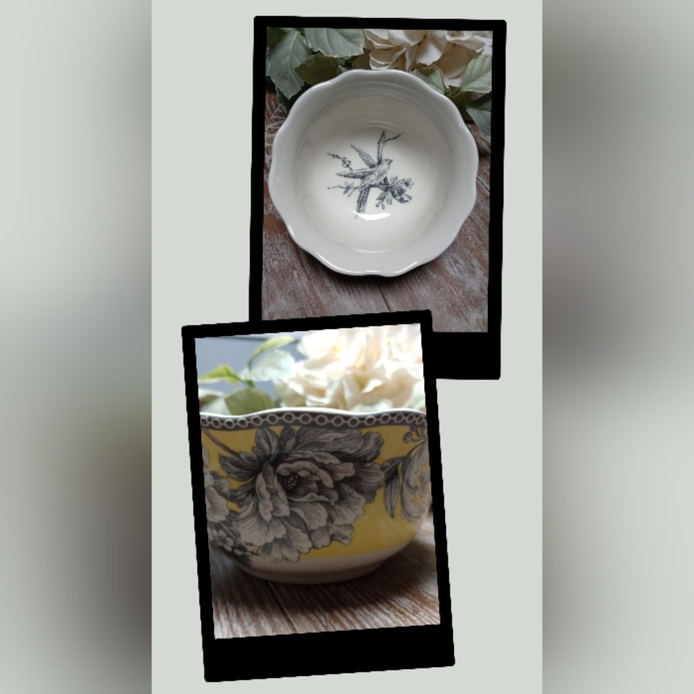 Farmhouse Style Yellow Floral Porcelain Bowl with Scalloped Rim